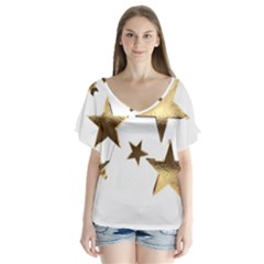 Stars Faux Gold Elegant Starry Festive Christmas Pattern V-neck Flutter Sleeve Top by yoursparklingshop