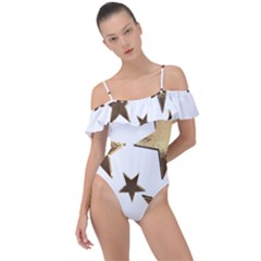 Stars Faux Gold Elegant Starry Festive Christmas Pattern Frill Detail One Piece Swimsuit by yoursparklingshop