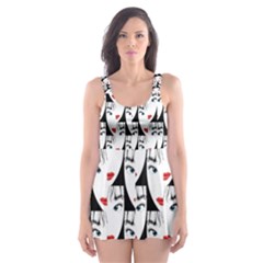 Cartoon Style Asian Woman Portrait Collage Pattern Skater Dress Swimsuit