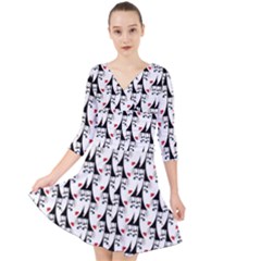 Cartoon Style Asian Woman Portrait Collage Pattern Quarter Sleeve Front Wrap Dress