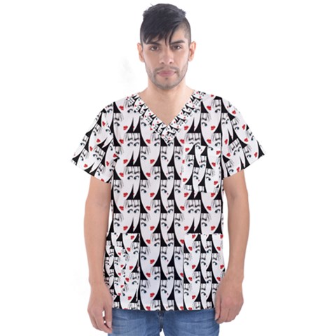 Cartoon Style Asian Woman Portrait Collage Pattern Men s V-neck Scrub Top by dflcprintsclothing