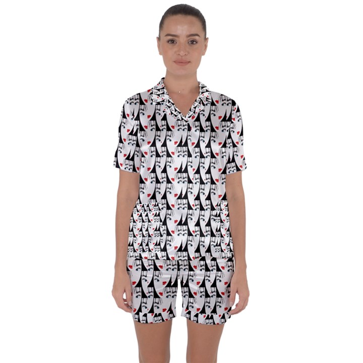 Cartoon Style Asian Woman Portrait Collage Pattern Satin Short Sleeve Pyjamas Set