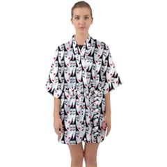 Cartoon Style Asian Woman Portrait Collage Pattern Half Sleeve Satin Kimono  by dflcprintsclothing