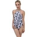 Cartoon Style Asian Woman Portrait Collage Pattern Go with the Flow One Piece Swimsuit View1