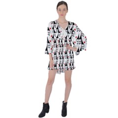 Cartoon Style Asian Woman Portrait Collage Pattern V-neck Flare Sleeve Mini Dress by dflcprintsclothing