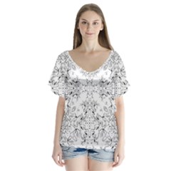 Black And White Decorative Ornate Pattern V-neck Flutter Sleeve Top