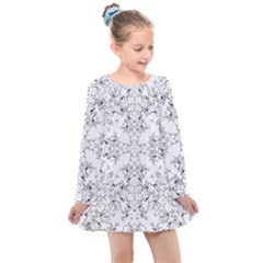 Black And White Decorative Ornate Pattern Kids  Long Sleeve Dress by dflcprintsclothing