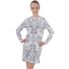 Black And White Decorative Ornate Pattern Long Sleeve Hoodie Dress