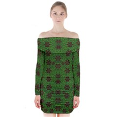 Rose Stars So Beautiful On Green Long Sleeve Off Shoulder Dress by pepitasart