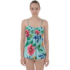 Multi Colour Floral Print Babydoll Tankini Set by designsbymallika