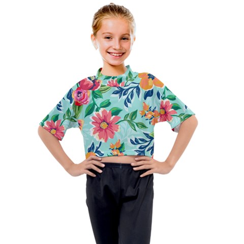 Multi Colour Floral Print Kids Mock Neck Tee by designsbymallika