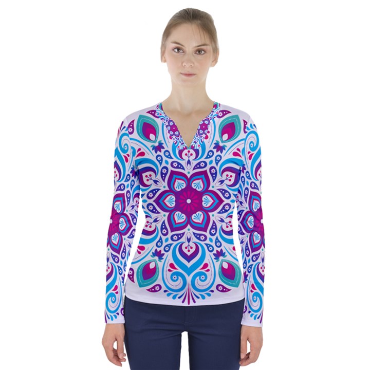 MANDALA BLUE V-Neck Long Sleeve Top