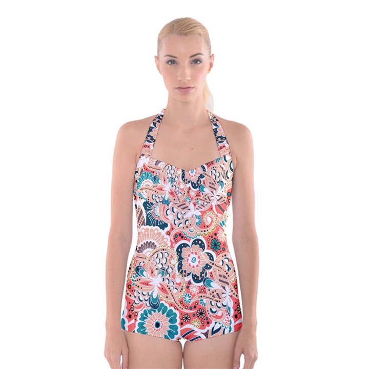 baatik floral print Boyleg Halter Swimsuit 