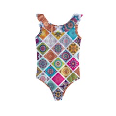 Ethnic Mandala Pattern Kids  Frill Swimsuit by designsbymallika