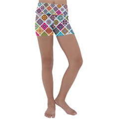 Ethnic Mandala Pattern Kids  Lightweight Velour Yoga Shorts by designsbymallika