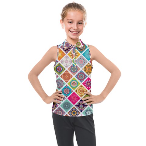 Ethnic Mandala Pattern Kids  Sleeveless Polo Tee by designsbymallika