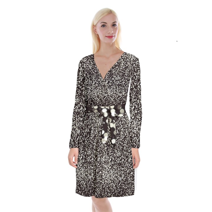 Black And White Confetti Pattern Long Sleeve Velvet Front Wrap Dress