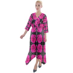 Roses Fleurs Abstrait Quarter Sleeve Wrap Front Maxi Dress