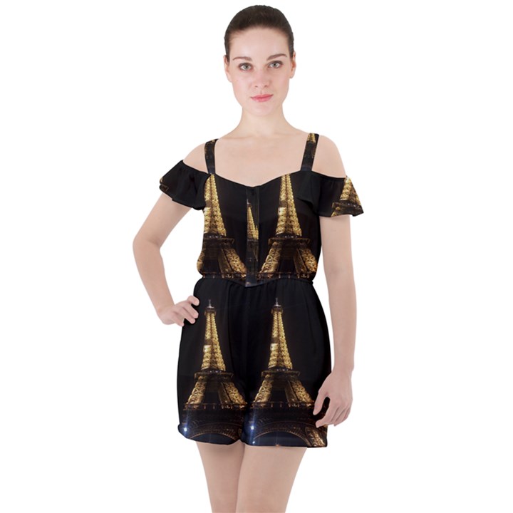 Tour Eiffel Paris Nuit Ruffle Cut Out Chiffon Playsuit