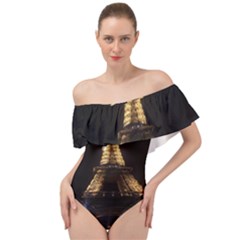 Tour Eiffel Paris Nuit Off Shoulder Velour Bodysuit  by kcreatif