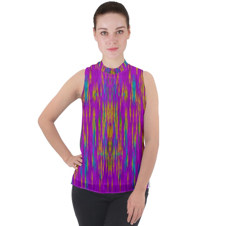 Festive Rainbow, Season To Wear Popart Mock Neck Chiffon Sleeveless Top