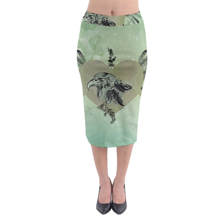 Eagle, Animal, Bird, Feathers, Fantasy, Lineart, Flowers, Blossom, Elegance, Decorative Midi Pencil Skirt