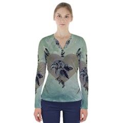 Eagle, Animal, Bird, Feathers, Fantasy, Lineart, Flowers, Blossom, Elegance, Decorative V-neck Long Sleeve Top by FantasyWorld7