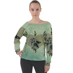 Eagle, Animal, Bird, Feathers, Fantasy, Lineart, Flowers, Blossom, Elegance, Decorative Off Shoulder Long Sleeve Velour Top