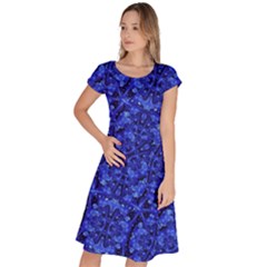 Blue Fancy Ornate Print Pattern Classic Short Sleeve Dress