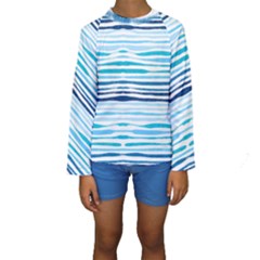 Blue Waves Pattern Kids  Long Sleeve Swimwear by designsbymallika