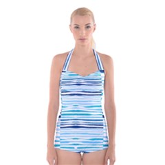 Blue Waves Pattern Boyleg Halter Swimsuit  by designsbymallika