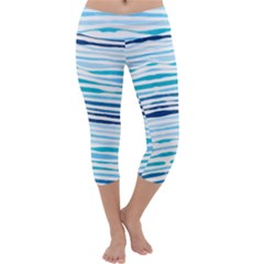 Blue Waves Pattern Capri Yoga Leggings by designsbymallika