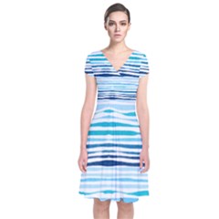 Blue Waves Pattern Short Sleeve Front Wrap Dress