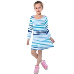 Blue Waves Pattern Kids  Long Sleeve Velvet Dress by designsbymallika