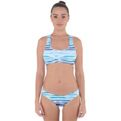 Blue Waves Pattern Cross Back Hipster Bikini Set by designsbymallika