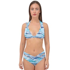 Blue Waves Pattern Double Strap Halter Bikini Set by designsbymallika