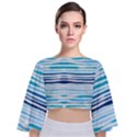 BLUE WAVES PATTERN Tie Back Butterfly Sleeve Chiffon Top View1