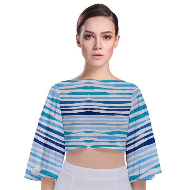 BLUE WAVES PATTERN Tie Back Butterfly Sleeve Chiffon Top