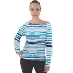 Blue Waves Pattern Off Shoulder Long Sleeve Velour Top