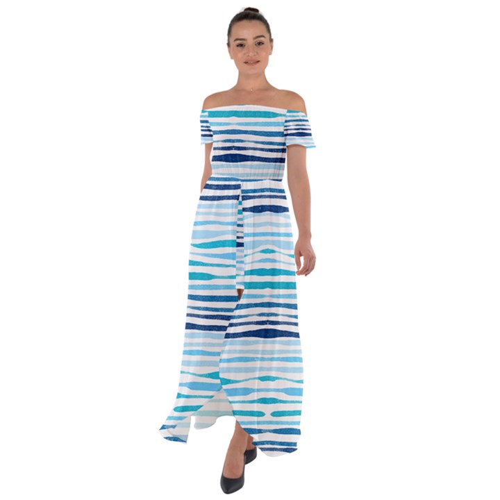 BLUE WAVES PATTERN Off Shoulder Open Front Chiffon Dress