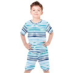 Blue Waves Pattern Kids  Tee And Shorts Set by designsbymallika