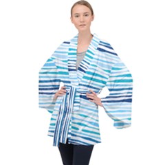 Blue Waves Pattern Long Sleeve Velvet Kimono  by designsbymallika