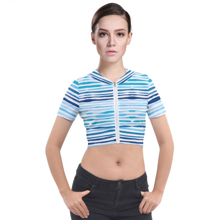 BLUE WAVES PATTERN Short Sleeve Cropped Jacket