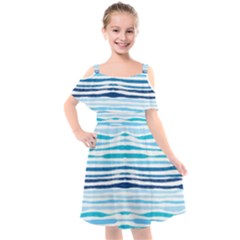 Blue Waves Pattern Kids  Cut Out Shoulders Chiffon Dress by designsbymallika