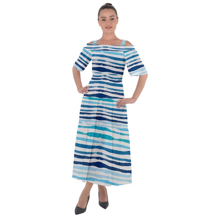 BLUE WAVES PATTERN Shoulder Straps Boho Maxi Dress 