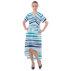 Blue Waves Pattern Front Wrap High Low Dress