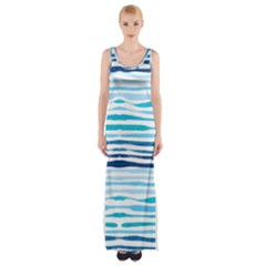 Blue Waves Pattern Thigh Split Maxi Dress by designsbymallika