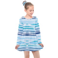 Blue Waves Pattern Kids  Long Sleeve Dress by designsbymallika