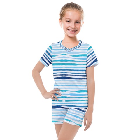 Blue Waves Pattern Kids  Mesh Tee And Shorts Set by designsbymallika