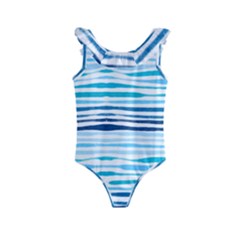 Blue Waves Pattern Kids  Frill Swimsuit by designsbymallika